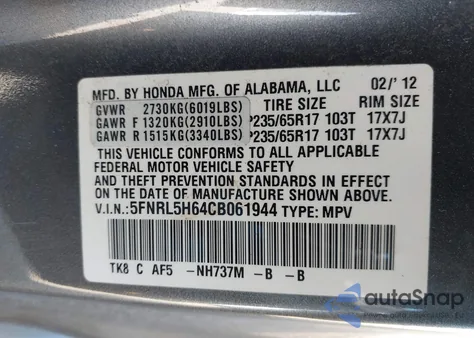 2012 Honda Odyssey Ex-L from USA, damaged, VIN 5FNRL5H64CB061944